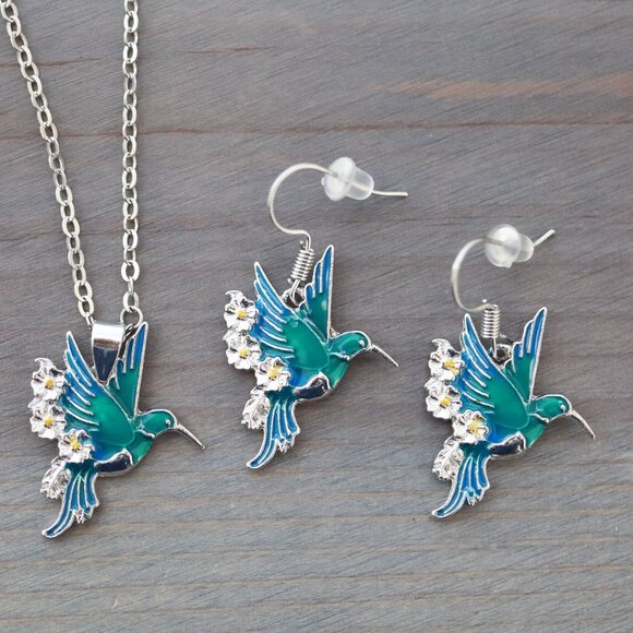 Jewelry - Necklace/Earrings Jewelry Sets Blue/Green Hummingbird Style Silver